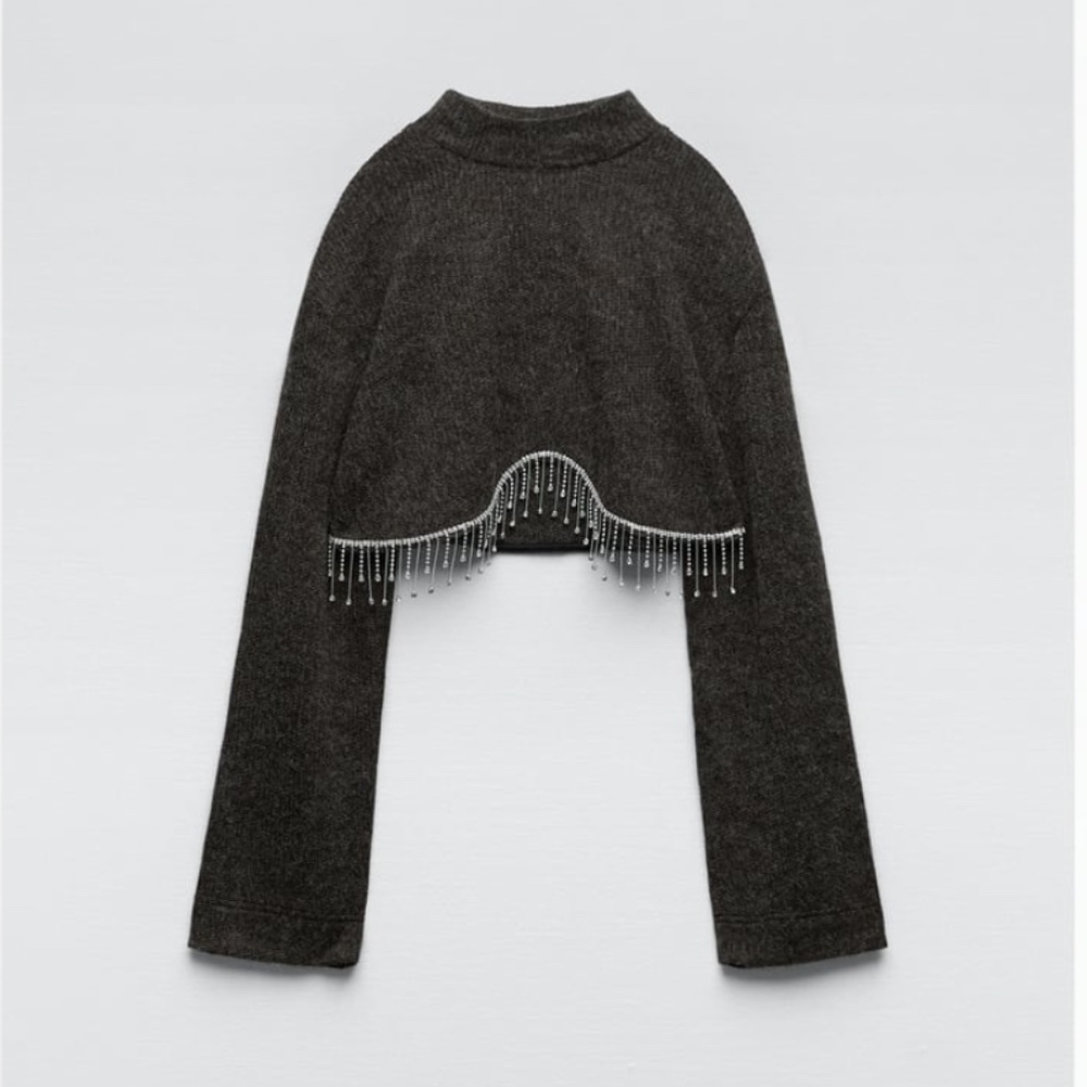 Zara dark gray soft long sleeves rhinestone fringing cropped sweater NWT